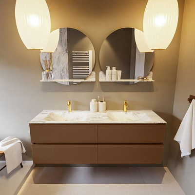 Mondiaz VICA-DLUX ensemble de meuble de salle de bain - 150cm - meuble sous-vasque repos - 4 tiroirs - lavabo encastré cloud double - 2 trous de robinet - version haute de 60cm - glace