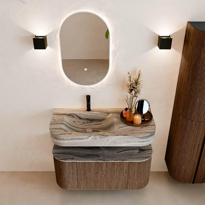 MONDIAZ THOR-DLUX 100cm meuble de salle de bains arrondi gauche + droite couleur Walnut avec 1 tiroir et 2 portes. Vasque suspendue CLOUD Gauche 1 trou de robinet couleur Sombra.