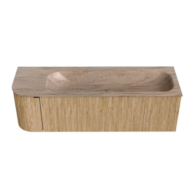 MONDIAZ KURVE-DLUX Meuble de salle de bains 145cm arrondi à gauche couleur Oak avec 1 tiroir et 1 porte. Lavabo BIG LARGE à droite 1 trou de robinet Saba.
