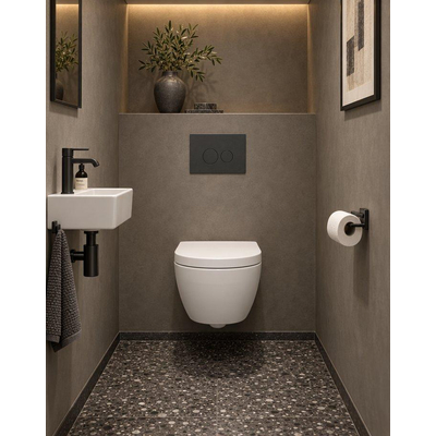 QeramiQ Dely Swirl Compact Ensemble WC - réservoir encastré QeramiQ flush - abattant 25mm - plaque de commande en plastique anthracite mat - boutons ronds - blanc mat