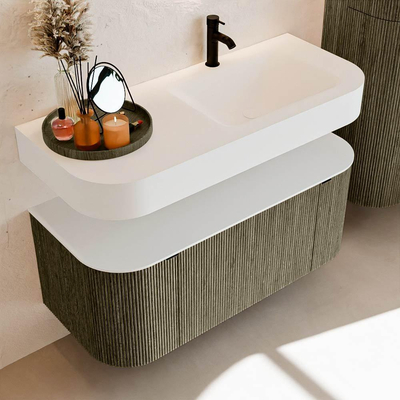 MONDIAZ THOR Meuble de salle de bains 110cm arrondi gauche + droite couleur Shadow avec 1 tiroir et 2 portes. Vasque suspendue CLOUD Droite 1 trou de robinet couleur Talc.