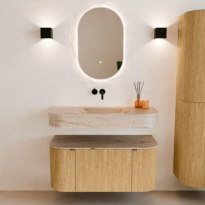 MONDIAZ THOR-DLUX 100cm badmeubel ronding links + rechts kleur Oak met 1 lade en 2 deuren. Vrijhangende wastafel CLOUD Midden zonder kraangat kleur Saba.