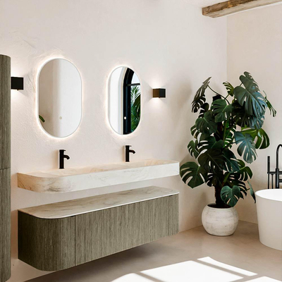 MONDIAZ THOR-DLUX 160cm meuble de salle de bains arrondi gauche + droite couleur Shadow avec 1 tiroir et 2 portes. Vasque suspendue CLOUD Double 2 trous de robinet couleur Ostra.