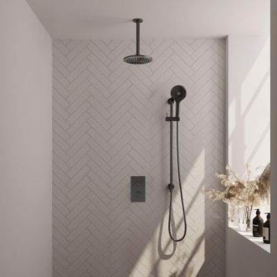Brauer Gunmetal Carving Ensemble de douche pluie encastré - douche principale 20cm - bras plafond 20cm - 2 fonctions - glijstang - incluant partie encastrable - douchette ronde 3 positions - PVD - gunmetal brossé