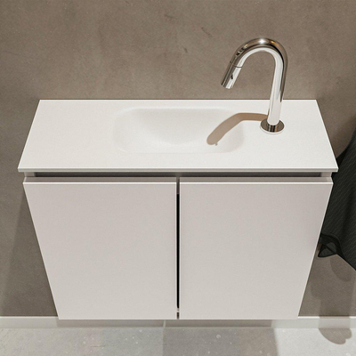 MONDIAZ TURE Fonteinset - 60x23x50cm - 1 kraangat - 2 deuren - linen mat - Wasbak midden - Solid Surface Wit