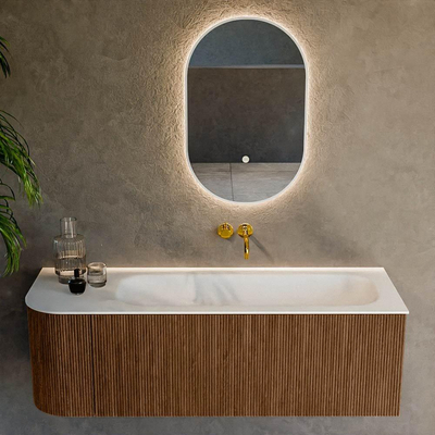 MONDIAZ KURVE 135cm Meuble salle de bain avec module 25 G - couleur Walnut - 1 tiroir - 1 porte - vasque BIG MEDIUM droite - sans trous de robinet - Talc