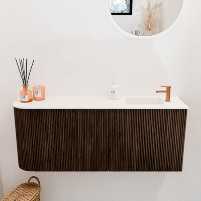 Mondiaz JOYA 101.6cm toiletmeubel - ronding links kleur Walnut - Wastafel FAYE positie Rechts 1 kraangat kleur Talc.