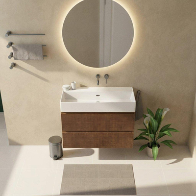 Saniclass Holz Atelier Ensemble meuble de salle de bains - 100x45x72cm - lavabo Legend en céramique blanc - 1 vasque - sans trou de robinet - 2 tiroirs - noyer pur mat (bois)