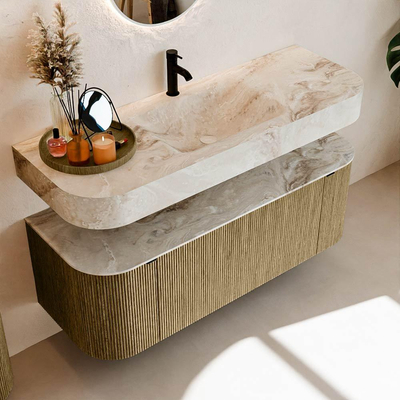 MONDIAZ THOR-DLUX 130cm meuble de salle de bains arrondi gauche + droite couleur Dusk avec 1 tiroir et 2 portes. Vasque suspendue CLOUD Milieu 1 trou de robinet couleur Frappe.