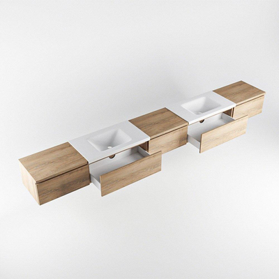 MONDIAZ BUKLA meuble de salle de bain 340cm avec module 60 couleur Chêne blanchi avec 5 tiroirs. Lavabo CLOUD double 0 trou de robinet couleur Talc.