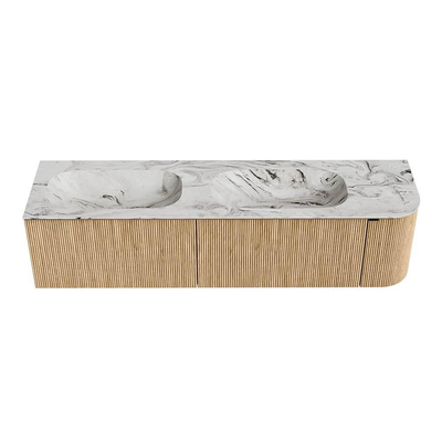 MONDIAZ KURVE-DLUX meuble de salle de bains 175 cm avec module 25 R couleur Chêne avec 2 tiroirs et 1 porte. Lavabo STOR SMALL double / gauche sans trou de robinet couleur Glace.