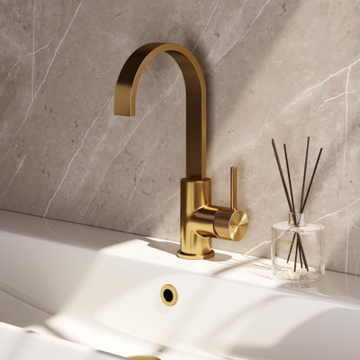 Brauer Gold Carving Robinet lavabo rehaussé avec bec rotatif plat Modèle A - Levier Carving Or brossé PVD