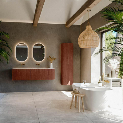 MONDIAZ KURVE-DLUX Meuble de salle de bains 155cm arrondi à droite couleur Ruby avec 2 tiroirs et 1 porte. Lavabo LEAF Double / Gauche sans trou de robinet Nata.