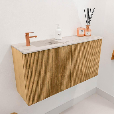 Mondiaz JOYA-DLUX 80cm toiletmeubel - kleur Oak - Wastafel FAYE positie Links 1 kraangat kleur Nata.