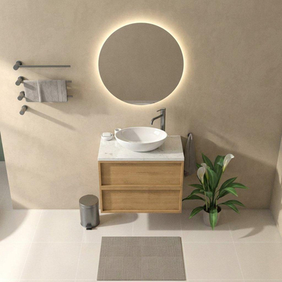 Saniclass Holz Frame Ensemble meuble de salle de bains - 80x45x63cm - Plan vasque en marbre Dia poli (blanc) - 1 trou de robinetterie - 2 tiroirs - chêne naturel mat (bois)