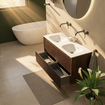 Saniclass Holz Atelier Ensemble meuble de salle de bains - 120x45x61.5cm - Flow lavabo en solid surface blanc - 2 vasques - sans trous de robinetterie - 2 tiroirs - chêne charcoal mat (bois)