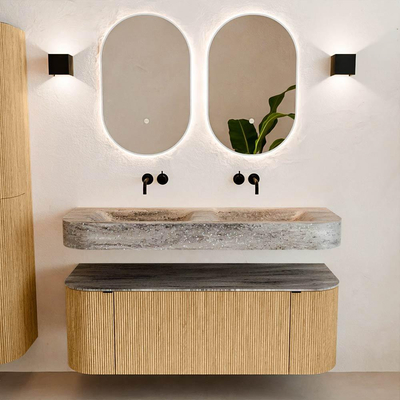 MONDIAZ THOR-DLUX 130cm badmeubel ronding links + rechts kleur Oak met 1 lade en 2 deuren. Vrijhangende wastafel CLOUD Dubbel zonder kraangat kleur Oza.