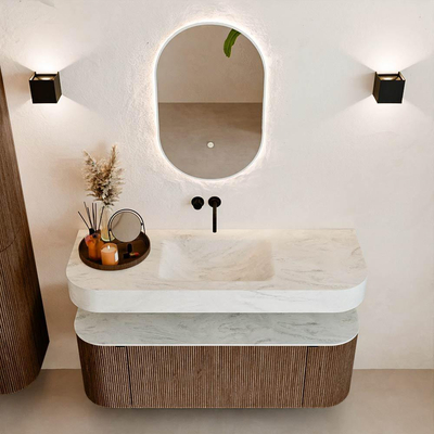 MONDIAZ THOR-DLUX 130cm meuble de salle de bains arrondi gauche + droite couleur Walnut avec 1 tiroir et 2 portes. Vasque suspendue CLOUD Milieu sans trou de robinet couleur Opalo.