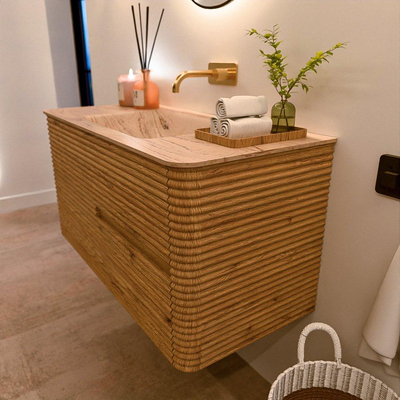 Mondiaz CIRO-DLUX Badkamermeubelset - 100x45x50cm - Solid surface wastafel Arena - 1 wasbak Midden - zonder kraangaten - 2 lades - Oak