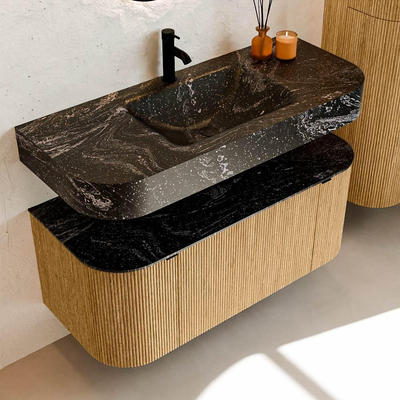 MONDIAZ THOR-DLUX 110cm badmeubel ronding links + rechts kleur Oak met 1 lade en 2 deuren. Vrijhangende wastafel CLOUD Midden 1 kraangat kleur Lava.