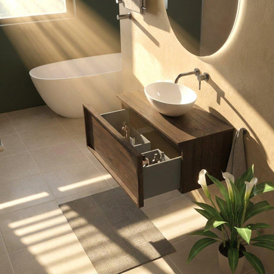 Saniclass Holz Frame Ensemble de meuble de salle de bains - 100x45x42cm - plan de travail en bois - sans trou de robinet - 1 tiroir - chêne charcoal mat (bois)