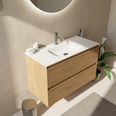 Saniclass Holz Atelier Ensemble de meuble de salle de bains - 100x45x61.5cm - lavabo Flow en solid surface blanc - 1 vasque - 1 trou de robinetterie - 2 tiroirs - chêne natural mat (bois)
