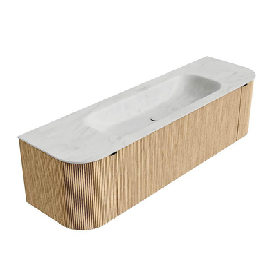 MONDIAZ KURVE-DLUX Meuble de salle de bains 160 cm avec module 25 Len R couleur Chêne avec 1 tiroir et 2 portes. Lavabo BIG MEDIUM central sans trou de robinet couleur Opalo.