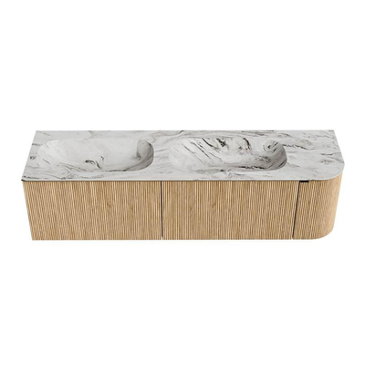 MONDIAZ KURVE-DLUX 165cm meuble de salle de bains avec module 25 R couleur Oak avec 2 tiroirs et 1 porte. Lavabo STOR SMALL double / gauche 2 trous de robinet couleur Glace.