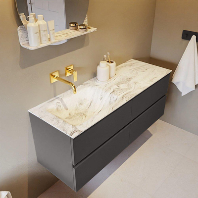 Mondiaz VICA-DLUX ensemble de meuble de salle de bain - 130cm - meuble sous-vasque gris foncé - 4 tiroirs - lavabo encastré cloud gauche - sans trous de robinet - version haute de 60cm - glace