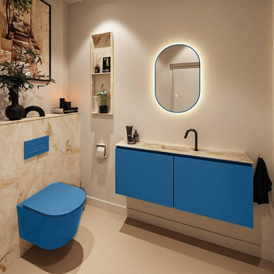 MONDIAZ TURE-DLUX Meuble toilette - 120cm - Jeans - EDEN - vasque Frappe - position centrale - 1 trou de robinet