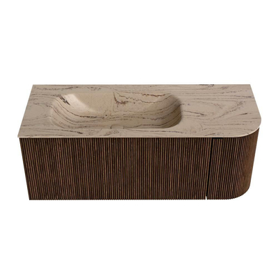 MONDIAZ KURVE-DLUX 115cm badmeubel ronding Rechts kleur Walnut met 1 lade en 1 deur. Wastafel BIG SMALL Links zonder kraangat Arena.