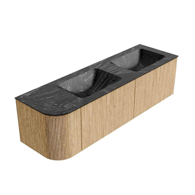 MONDIAZ KURVE-DLUX 155cm Meuble salle de bain avec module 25 G - couleur Oak - 2 tiroirs - 1 porte - vasque LEAF double / droite - sans trou de robinet - couleur Lava