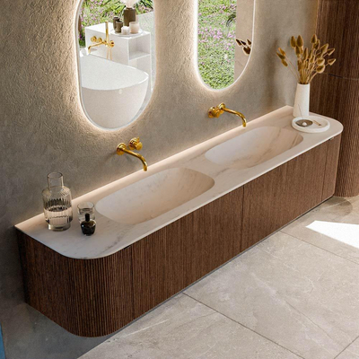 MONDIAZ KURVE-DLUX Meuble de salle de bains 200cm arrondi Gauche + Droite couleur Walnut avec 2 tiroirs et 2 portes. Lavabo STOR SMALL Double sans trou de robinet Meli.