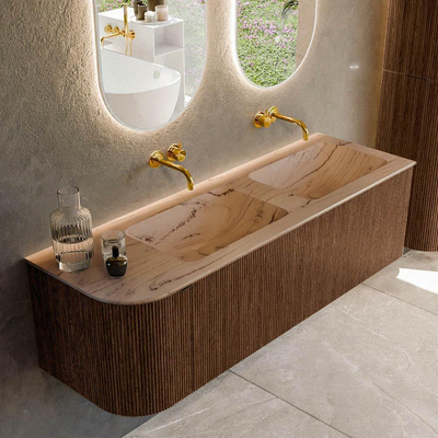 MONDIAZ KURVE-DLUX Meuble de salle de bains 145 cm arrondi à gauche couleur Walnut avec 1 tiroir et 1 porte. Lavabo LEAF Double / Droite sans trou de robinet Arena.