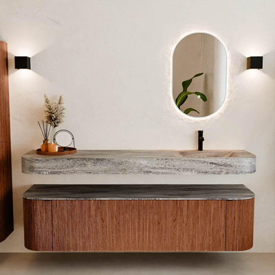 MONDIAZ THOR-DLUX 180cm meuble de salle de bains arrondi gauche + droite couleur Ruby avec 2 tiroirs et 2 portes. Vasque suspendue CLOUD Droite 1 trou de robinet couleur Oza.