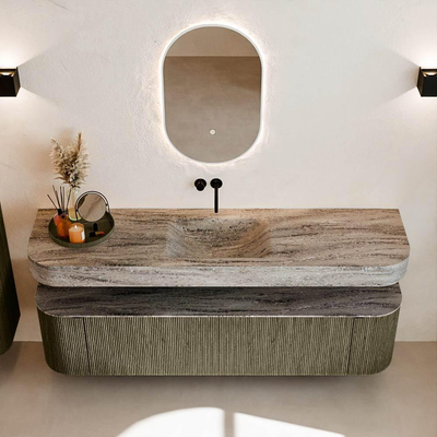 MONDIAZ THOR-DLUX 180cm meuble de salle de bains arrondi gauche + droite couleur Shadow avec 2 tiroirs et 2 portes. Vasque suspendue CLOUD Centre sans trou de robinet couleur Oza.