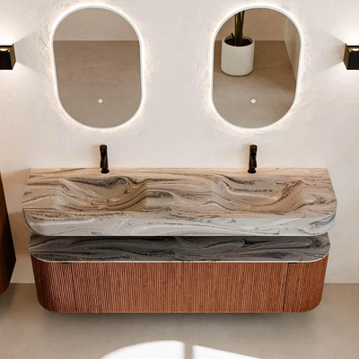 MONDIAZ THOR-DLUX Meuble de salle de bains 170cm arrondi gauche + droite couleur Ruby avec 1 tiroir et 2 portes. Vasque suspendue CLOUD Double 2 trous de robinet couleur Sombra.