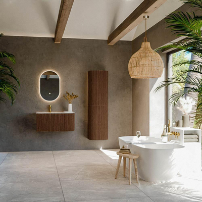 MONDIAZ KURVE-DLUX meuble de salle de bains 85cm avec module 25 R couleur noyer avec 1 tiroir et 1 porte. Vasque CLOUD à gauche 1 trou de robinetterie couleur Glace.