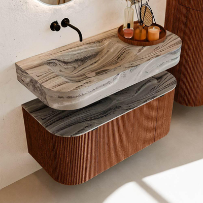 MONDIAZ THOR-DLUX 100cm meuble de salle de bains arrondi gauche + droite couleur Ruby avec 1 tiroir et 2 portes. Vasque suspendue CLOUD Gauche sans trou de robinet couleur Sombra.