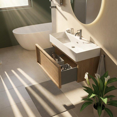 Saniclass Holz Frame Ensemble de meubles de salle de bains - 100x45x52cm - lavabo Legend en céramique blanc - 1 vasque - 1 trou de robinet - 1 tiroir - chêne naturel mat (bois)