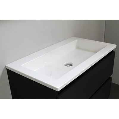 Basic Bella Meuble salle de bains avec lavabo acrylique Blanc 80x55x46cm sans trous de robinet avec miroir et éclairage Noir mat