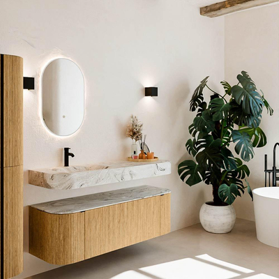 MONDIAZ THOR-DLUX Meuble de salle de bains 140cm arrondi gauche + droite couleur Oak avec 1 tiroir et 2 portes. Vasque suspendue CLOUD Gauche 1 trou de robinet couleur Glace.