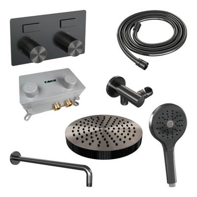BRAUER Stripe Thermostatische Inbouw Regendouche - drukknoppen - 25cm douchekop - gebogen muurarm - 3-standen handdouche - doucheslang - wandaansluitbocht - gunmetal geborsteld PVD