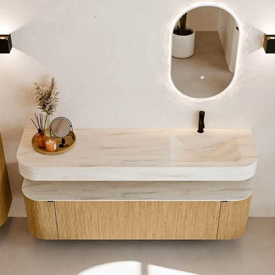 MONDIAZ THOR-DLUX 170cm badmeubel ronding links + rechts kleur Oak met 1 lade en 2 deuren. Vrijhangende wastafel CLOUD Rechts 1 kraangat kleur Meli.