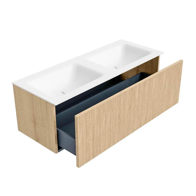 MONDIAZ KURVE 120cm Meuble salle de bain - couleur Oak - 1 tiroir - vasque CLOUD double - sans trous de robinet - Talc