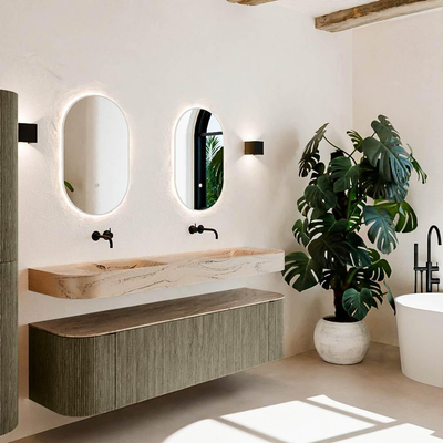 MONDIAZ THOR-DLUX 170cm meuble de salle de bains arrondi gauche + droite couleur Shadow avec 1 tiroir et 2 portes. Vasque suspendue CLOUD Double sans trou de robinet couleur Arena.