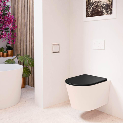 Mondiaz LAVIE WC suspendu – sans bride – 36 x 53 cm – avec abattant softclose – Rosee (rose), abattant Urban (noir)