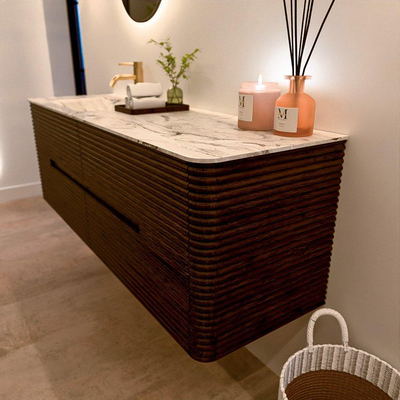 Mondiaz CIRO-DLUX Meuble de salle de bains set - 150x45x50cm - Vasque solid surface Glace - 1 lavabo à gauche - 1 trou de robinet - 4 tiroirs - Noyer