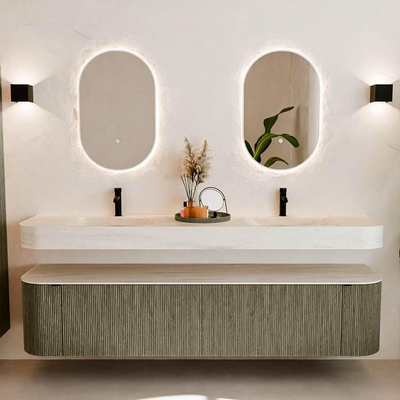 MONDIAZ THOR-DLUX 200cm meuble de salle de bains arrondi gauche + droite couleur Shadow avec 2 tiroirs et 2 portes. Vasque suspendue CLOUD Double 2 trous de robinet couleur Meli.