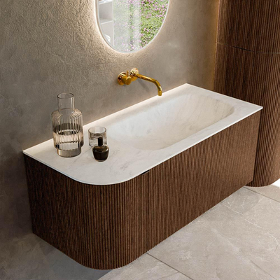 MONDIAZ KURVE-DLUX 105cm badmeubel met module 25 L kleur Walnut met 1 lade en 1 deur. Wastafel BIG SMALL rechts zonder kraangat kleur Opalo.